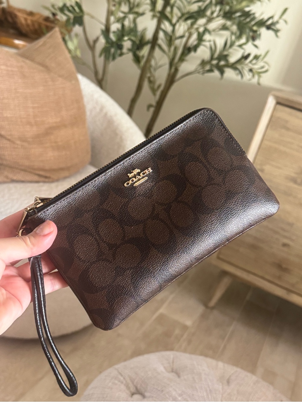 COACH Brown Signature Zip Wristlet with Gold Logo